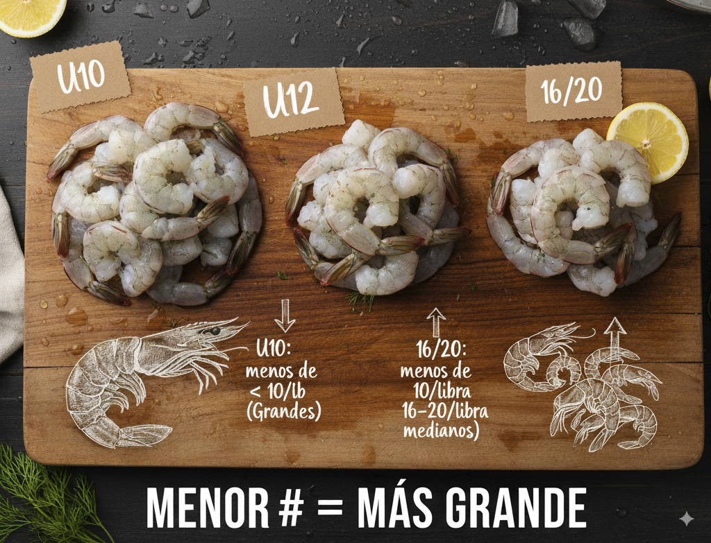 Guía rápida de tallas de camarón: ¿Qué significan U10, U12, 16/20…?
